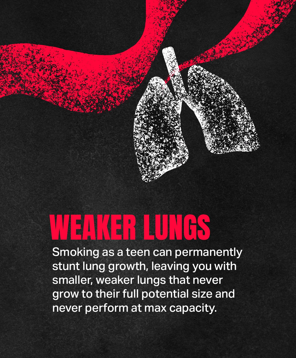 WEAKER LUNGS: Smoking as a teen can permanently stunt lung growth, leaving you with smaller, weaker lungs that never grow to their full potential size and never perform at max capacity.