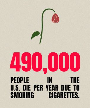Beige poster with a drooping red flower at the top and large red text reading "490,000", followed by black text: "People in the U.S. die due to smoking cigarettes."