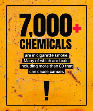 Poster with a worn yellow background and black border reads, "7,000+ chemicals are in cigarette smoke. Many of the chemicals are toxic, including more than 80 that can cause cancer." A large black exclamation point appears at the bottom.