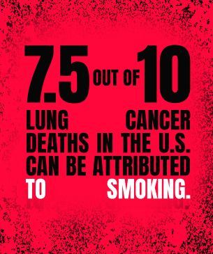 Bold black and white text on a bright red, distressed background reads, "7.5 out of 10 lung cancer deaths in the U.S. can be attributed to smoking."